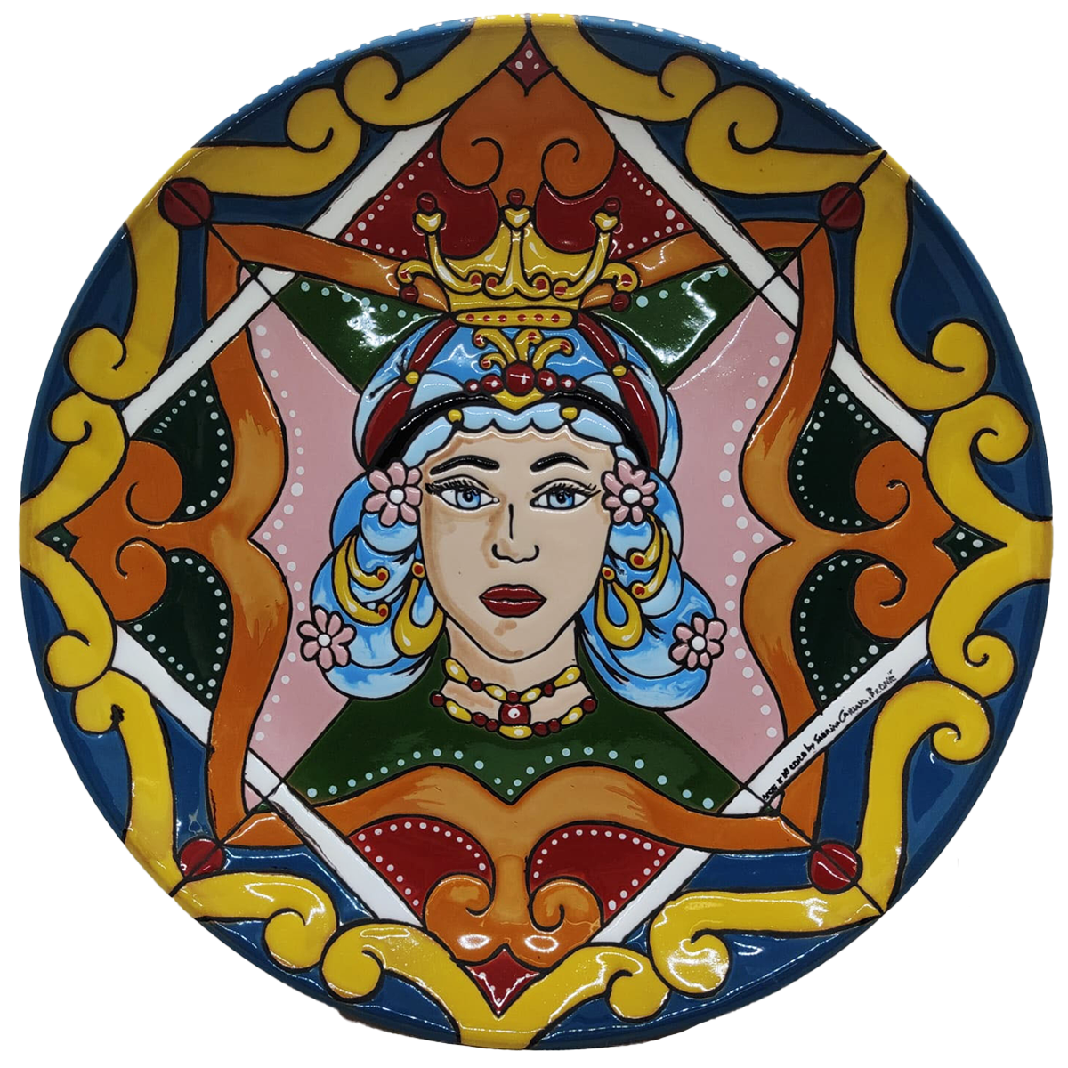 Piatto ornamentale con fregio stilizzato "Corona della Mora", gemello della versione maschile, realizzato in Cuerda Seca.