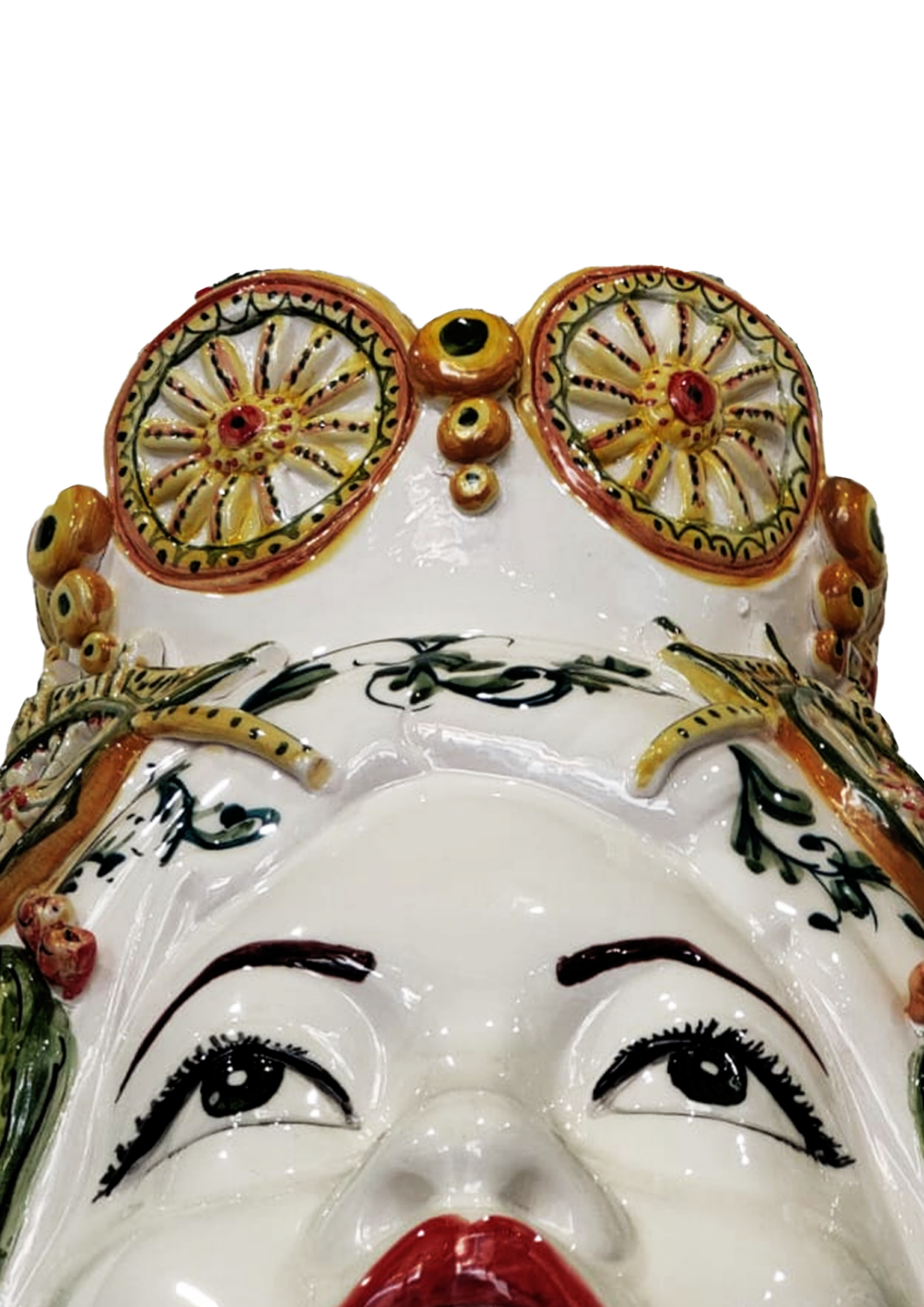 Dettaglio corona della testa di moro grande femminile, in maiolica siciliana, altezza 45cm