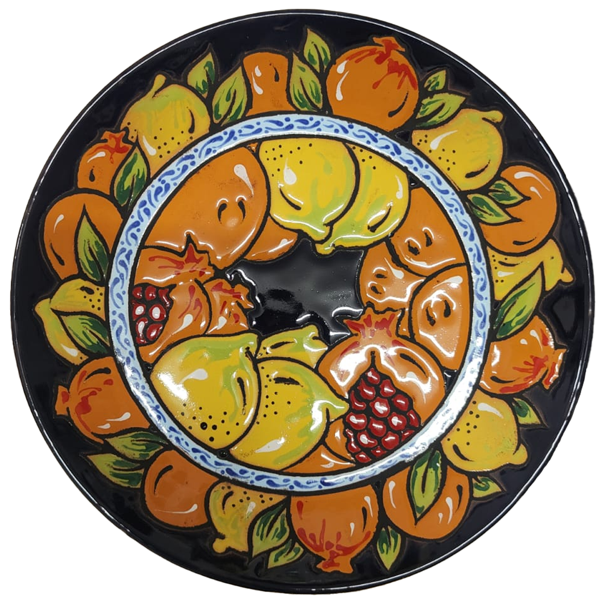 Piatto ornamentale in Maiolica Etnea decorato con limoni e arance siciliane, realizzato interamente a mano con tecnica Cuerda Seca.