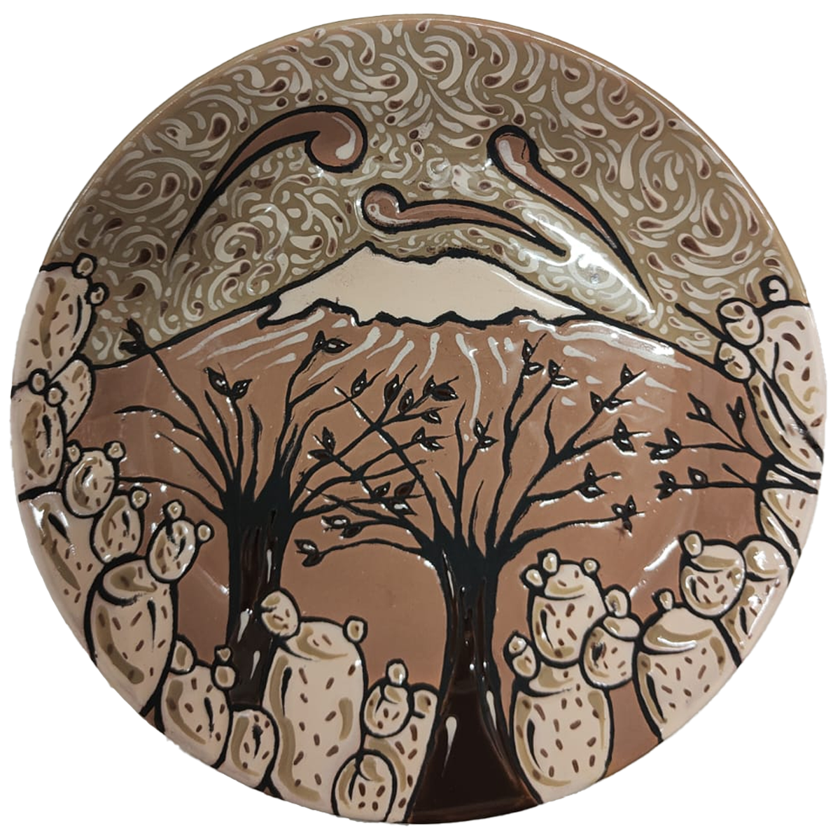 Piatto ornamentale con vulcano Etna, alberi e ficodindia in tonalità terra e marrone.