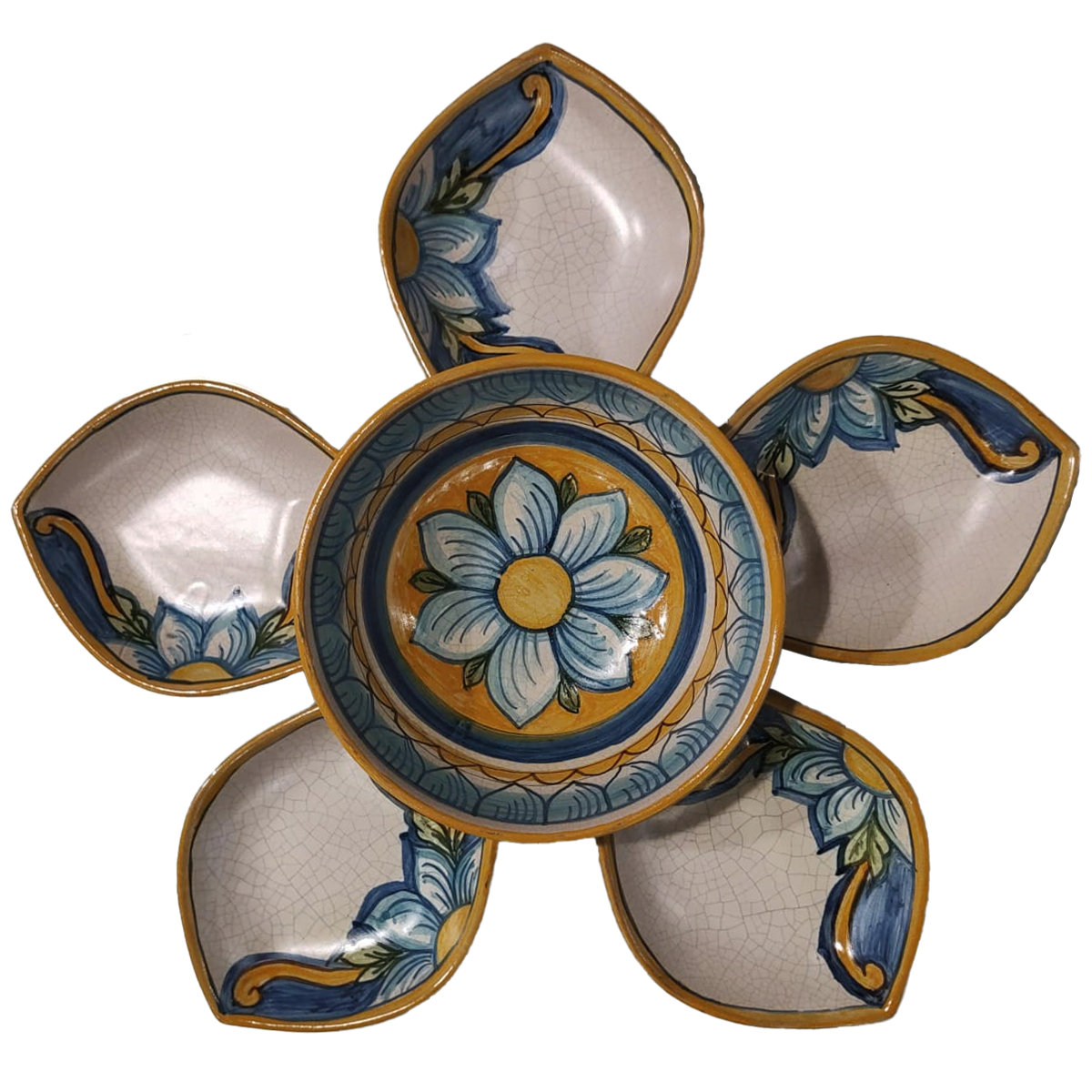 Set aperitivo componibile in maiolica d'autore, decorato a mano con effetto craquelé.