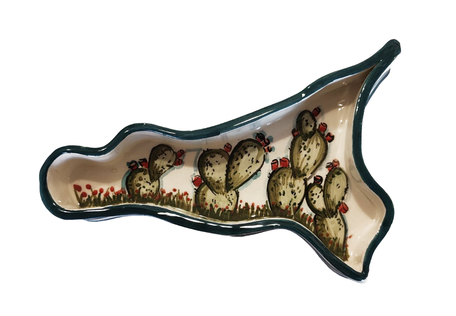 Antipastiera a forma di Sicilia in ceramica decorata a mano con fichi d'india e firmata a Bronte