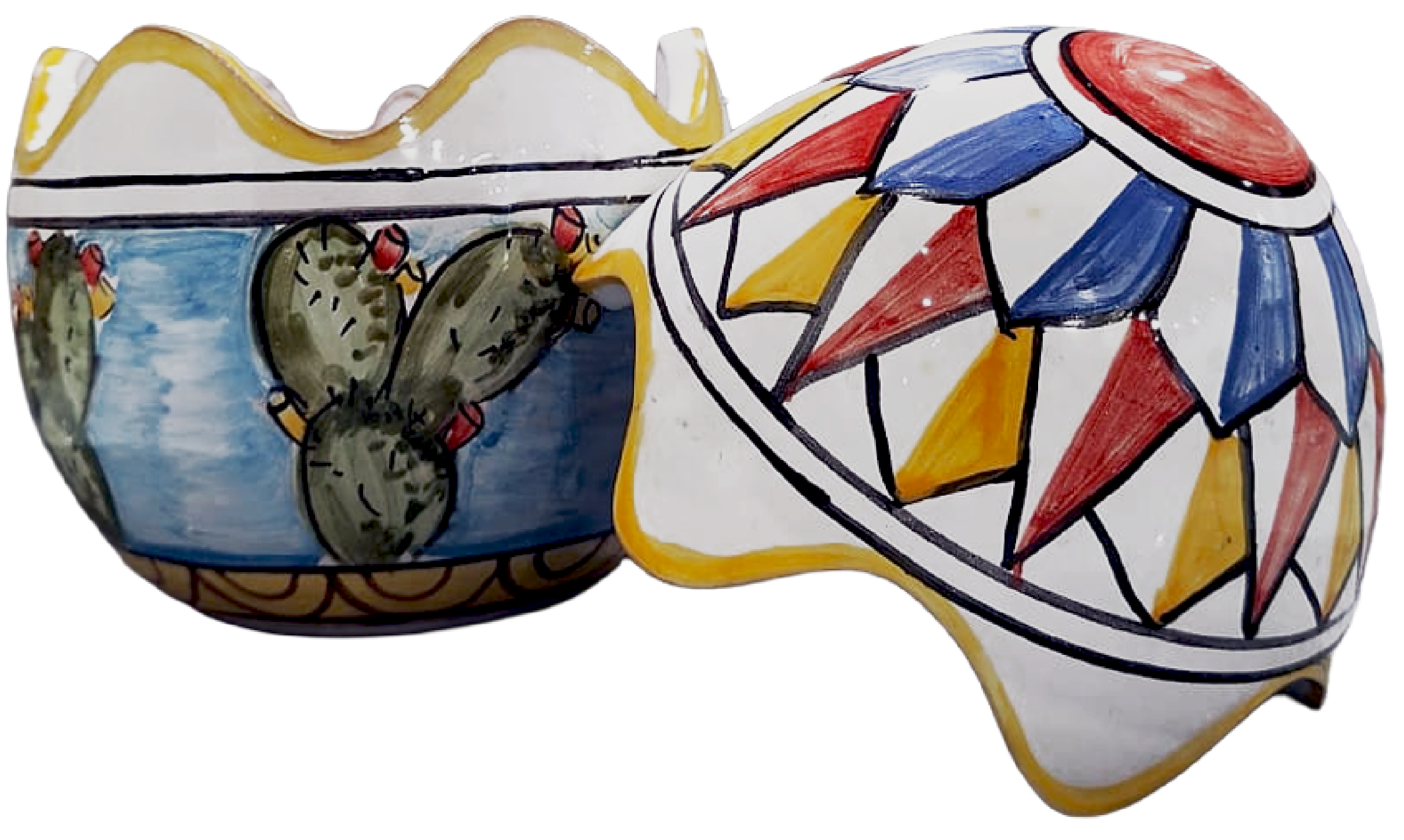 Interno uovo scatola in ceramica aperto con decoro ficodindia e coperchio geometrico colorato.