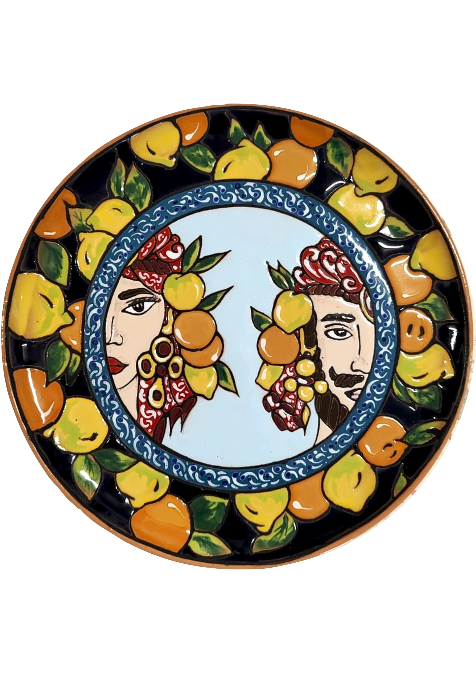 Piatto in maiolica dipinto a mano con Teste di Moro e decoro di agrumi siciliani (Arte&Decoro Bronte).