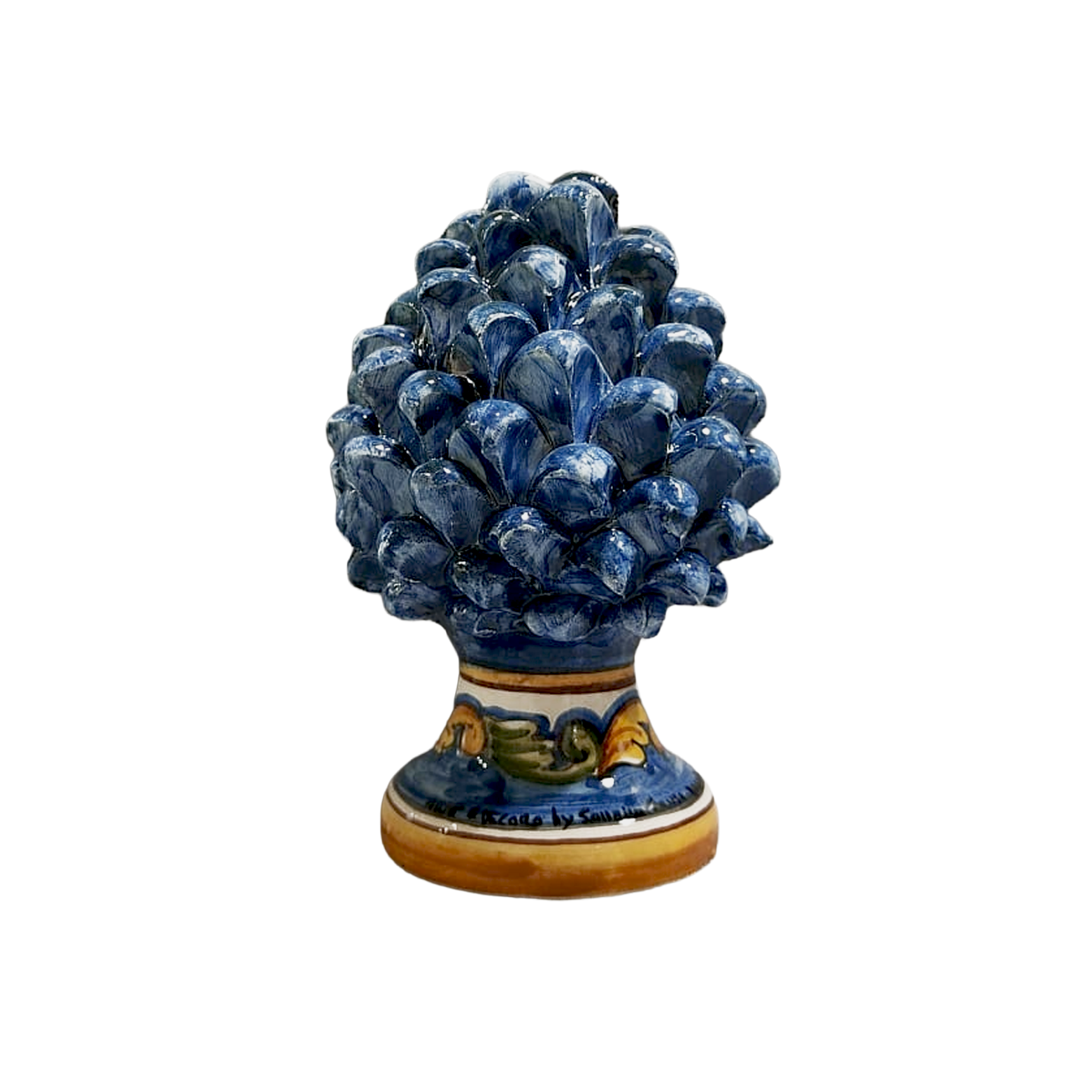 Pigna siciliana artigianale "Blu Etna" in maiolica cobalto – Decorazione manuale d'autore firmata Arte&Decoro Bronte.