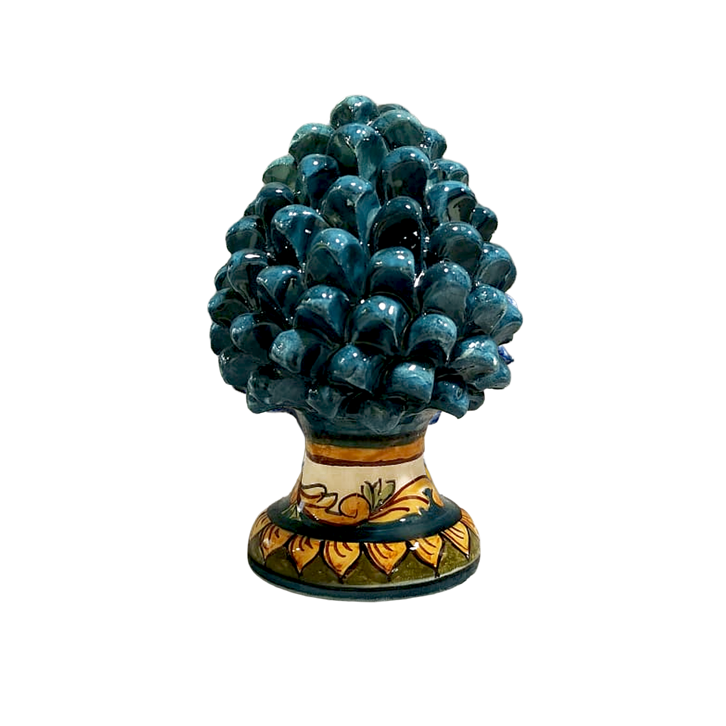 Pigna siciliana artigianale "Tealte Profondo" in maiolica – Decorazione manuale d'autore firmata Caterina Caruso - Arte&Decoro Bronte.