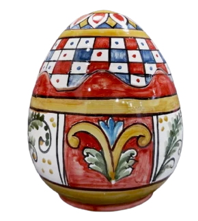 Uovo scatola in ceramica apribile decorato a mano con smalto materico effetto lava dell'Etna nero e rosso, e dettagli barocchi siciliani. Interno bianco lucido. Pezzo unico Arte&Decoro Bronte.