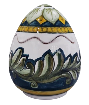 Uovo scatola in ceramica decoro barocco blu cobalto e verde ramina dipinto a mano a Bronte da Sabrina Caruso.