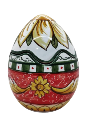 Uovo scatola in ceramica decorato a mano con base rosso lava, decori floreali gialli e fascia verde pistacchio, artigianato di Bronte.