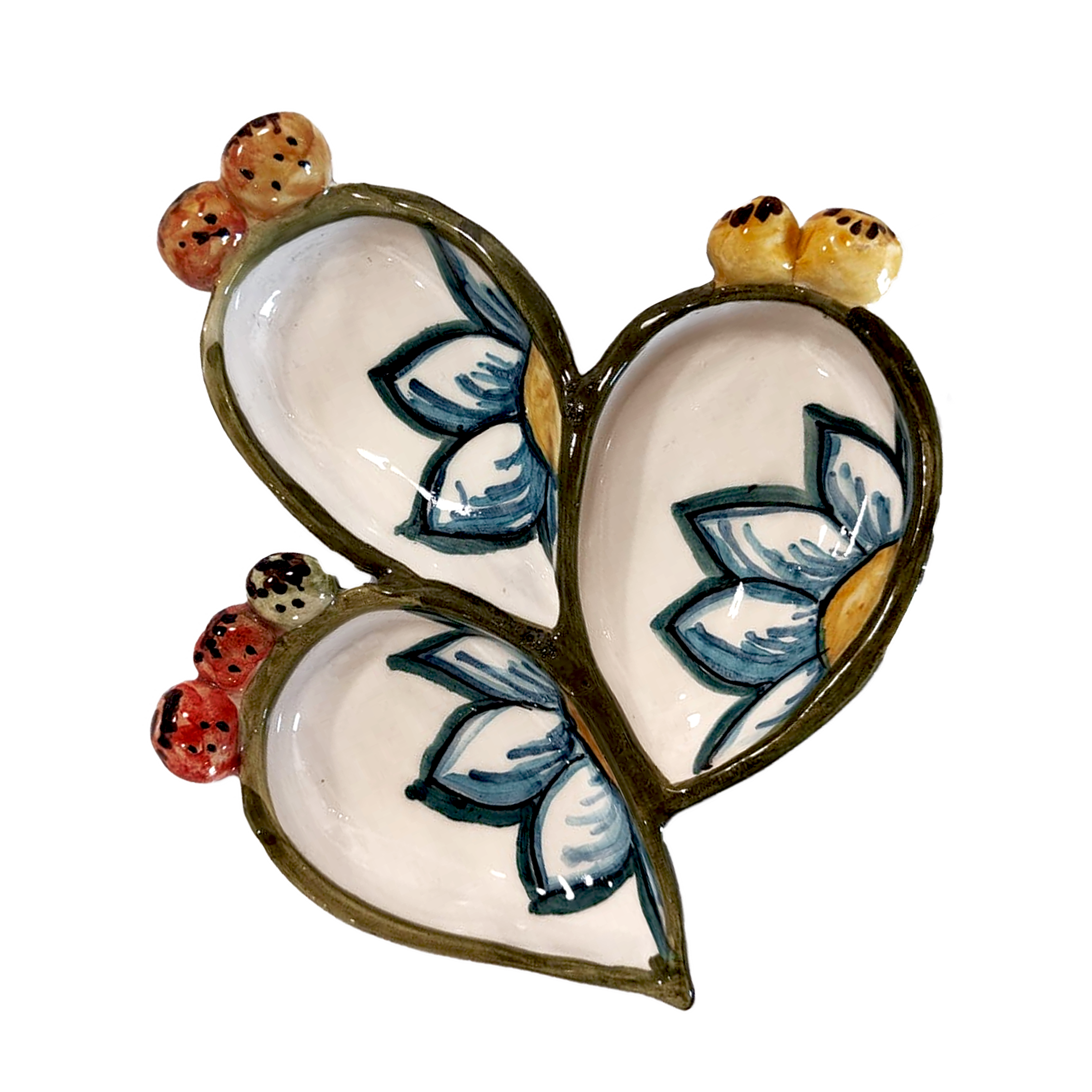 Antipastiera pale di ficodindia a 3 scomparti in ceramica siciliana decorata a mano, decoro floreale, a Bronte