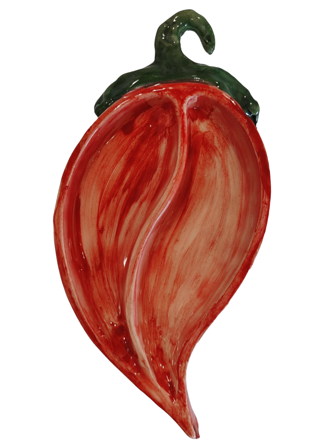 Antipastiera a forma di peperoncino a due scomparti in ceramica siciliana modellata a mano a Bronte