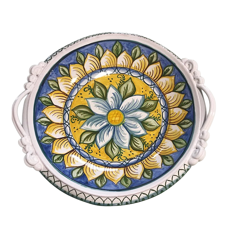 Centrotavola con manici in ceramica siciliana decorato a mano con rosone blu e giallo ocra a Bronte