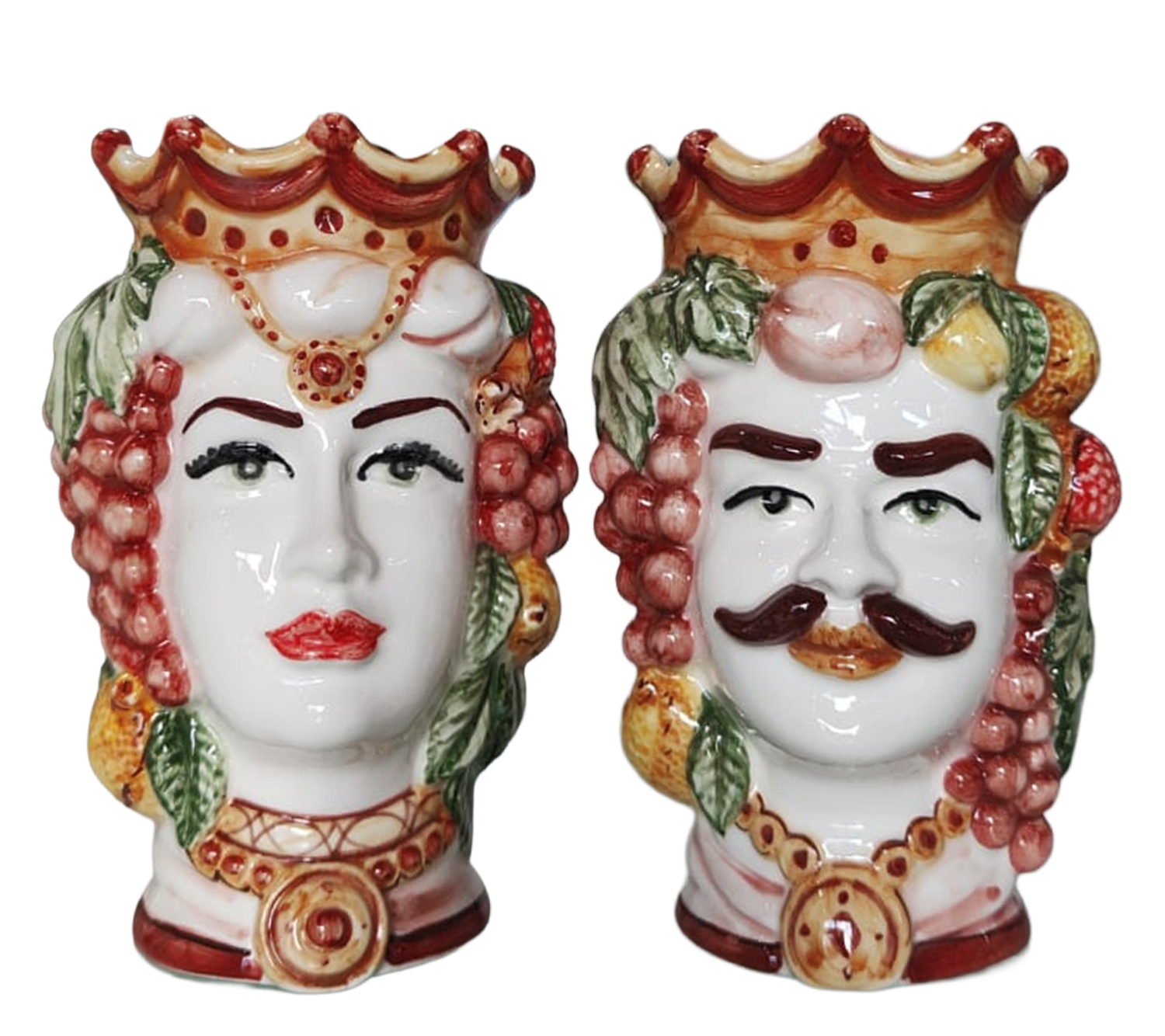 Coppia Teste di Moro in Ceramica Siciliana con Frutta Colorata