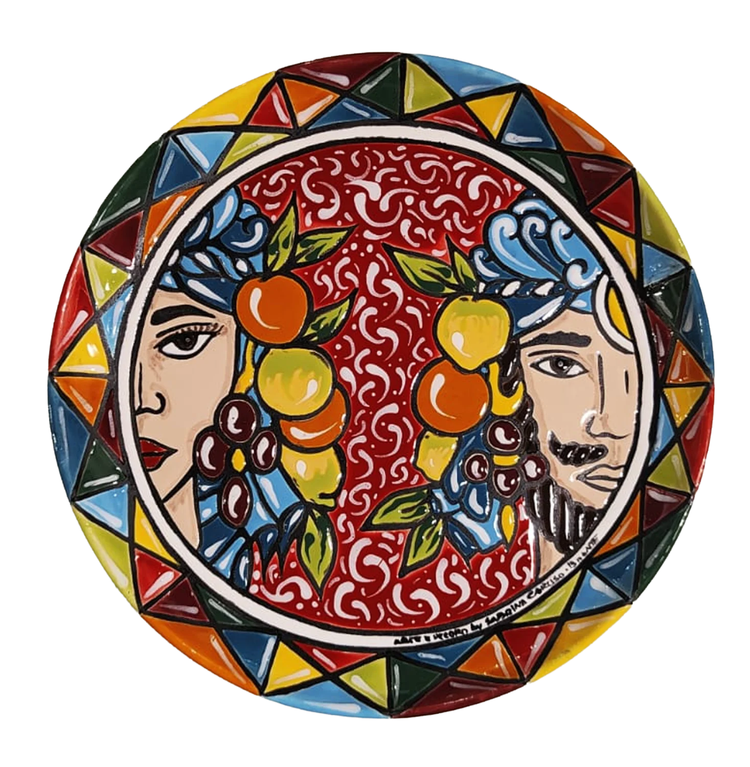Piatto in Ceramica Cuerda Seca Teste di Moro e Frutta
