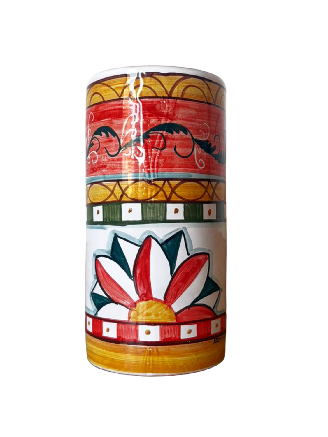 Portamestoli in ceramica siciliana fatto a mano con decori tradizionali stile carretto nei toni del rosso, giallo e verde.