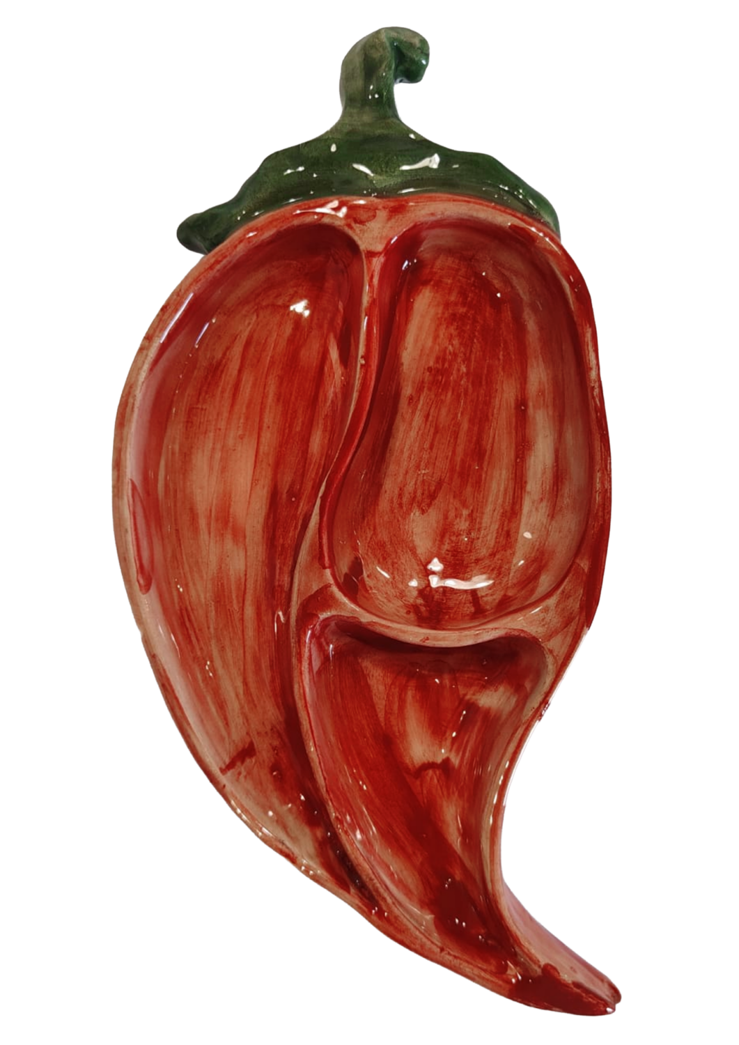 Antipastiera a forma di peperoncino a tre scomparti in ceramica siciliana modellata a mano a Bronte
