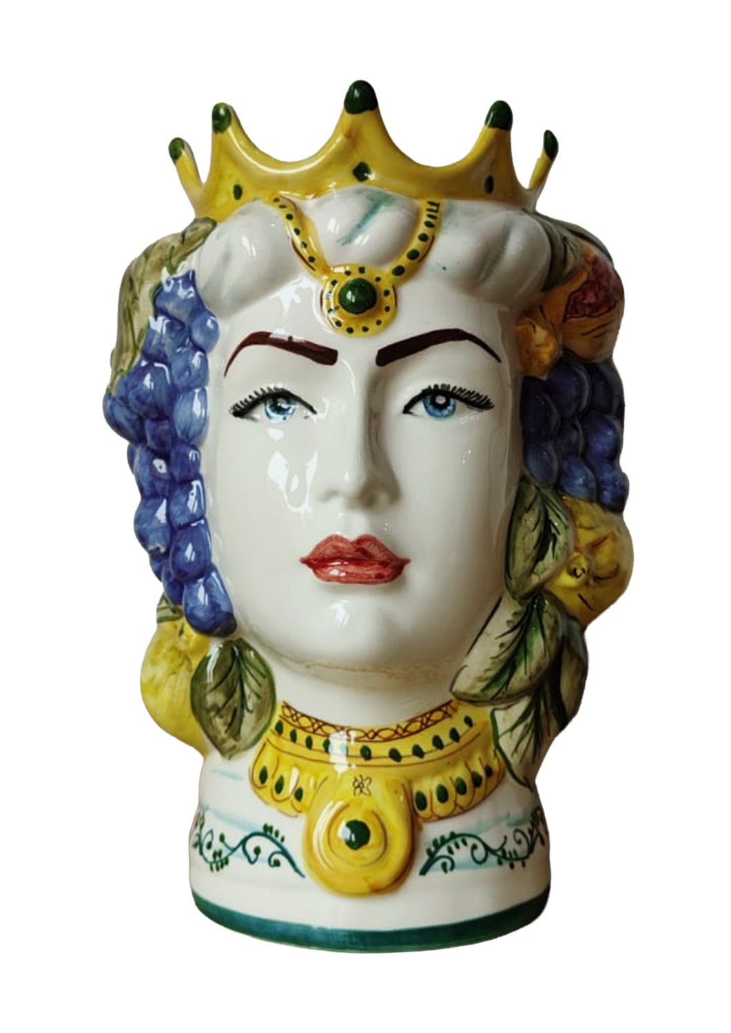 Teste di Moro femminile con decorazione a frutta in ceramica siciliana dipinte a mano a Bronte, vista davanti
