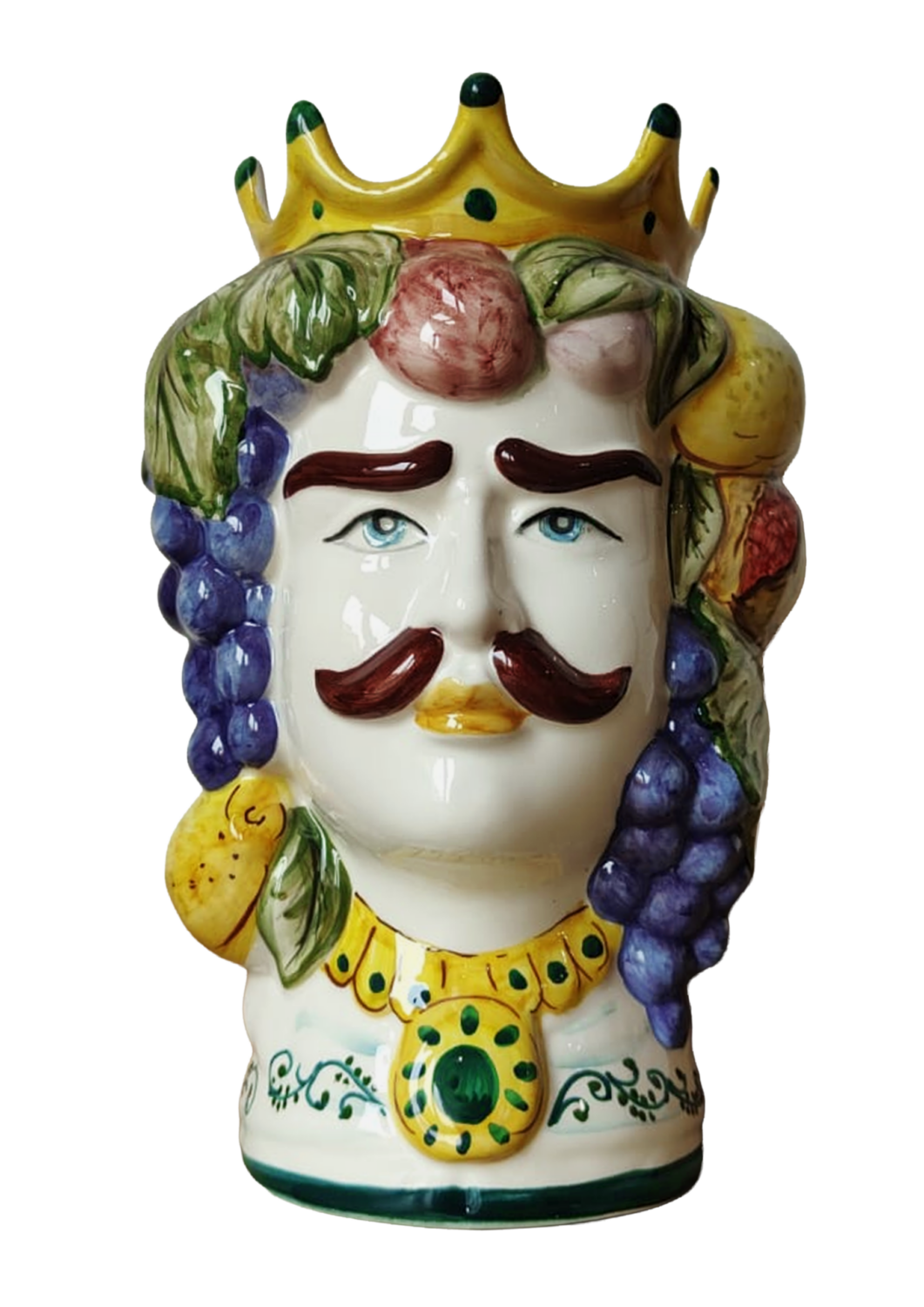 Teste di Moro maschile con decorazione a frutta in ceramica siciliana dipinte a mano a Bronte, vista davanti