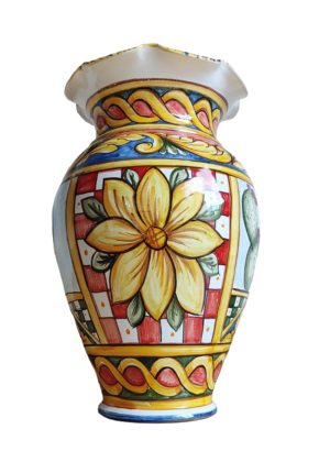 Vaso smerlato e portaombrelli in ceramica siciliana decorato a mano a Bronte. (Vista davanti)
