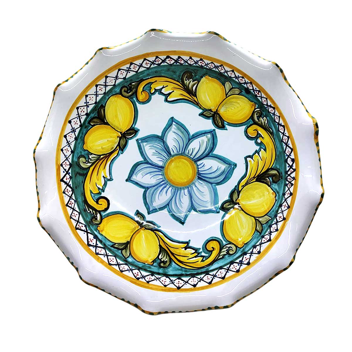 centrotavola in ceramica decorato a mano con fiore centrale e limoni - Arte & Decoro Bronte
