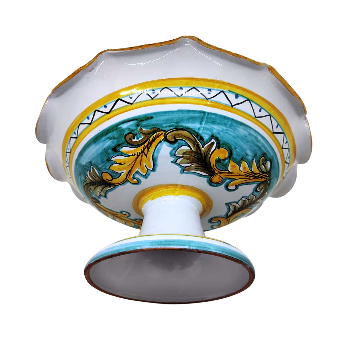 centrotavola in ceramica con piedistallo e decori turchese decorato a mano - Arte & Decoro Bronte