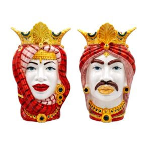 Coppia completa di Teste di Moro in stile afro rosse in ceramica decorata a mano - Arte & Decoro Bronte