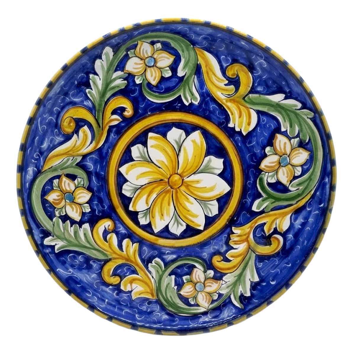 Piatto in Ceramica Decorato a Mano con Fondo Blu e Motivo Floreale Barocco
