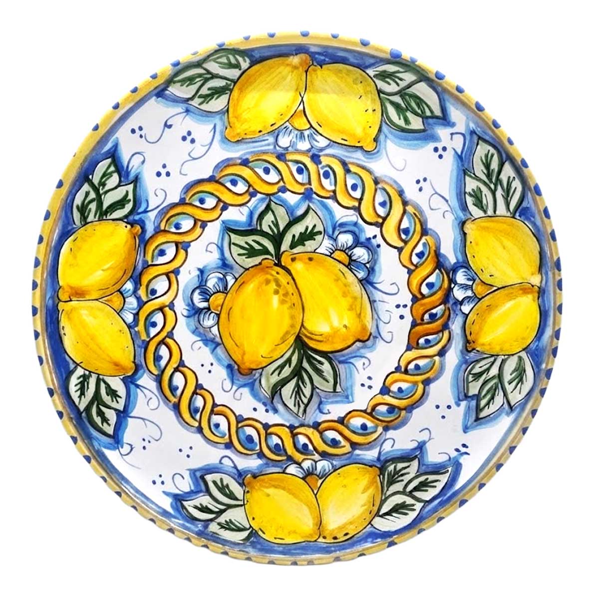 Piatto in Ceramica Decorato a Mano con Limoni e Motivo a Corda