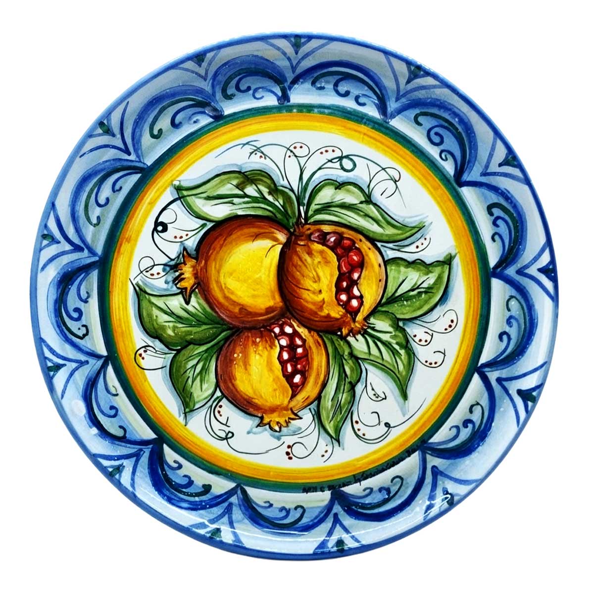Piatto in Ceramica Decorato a Mano con Melograni e Cornice Blu