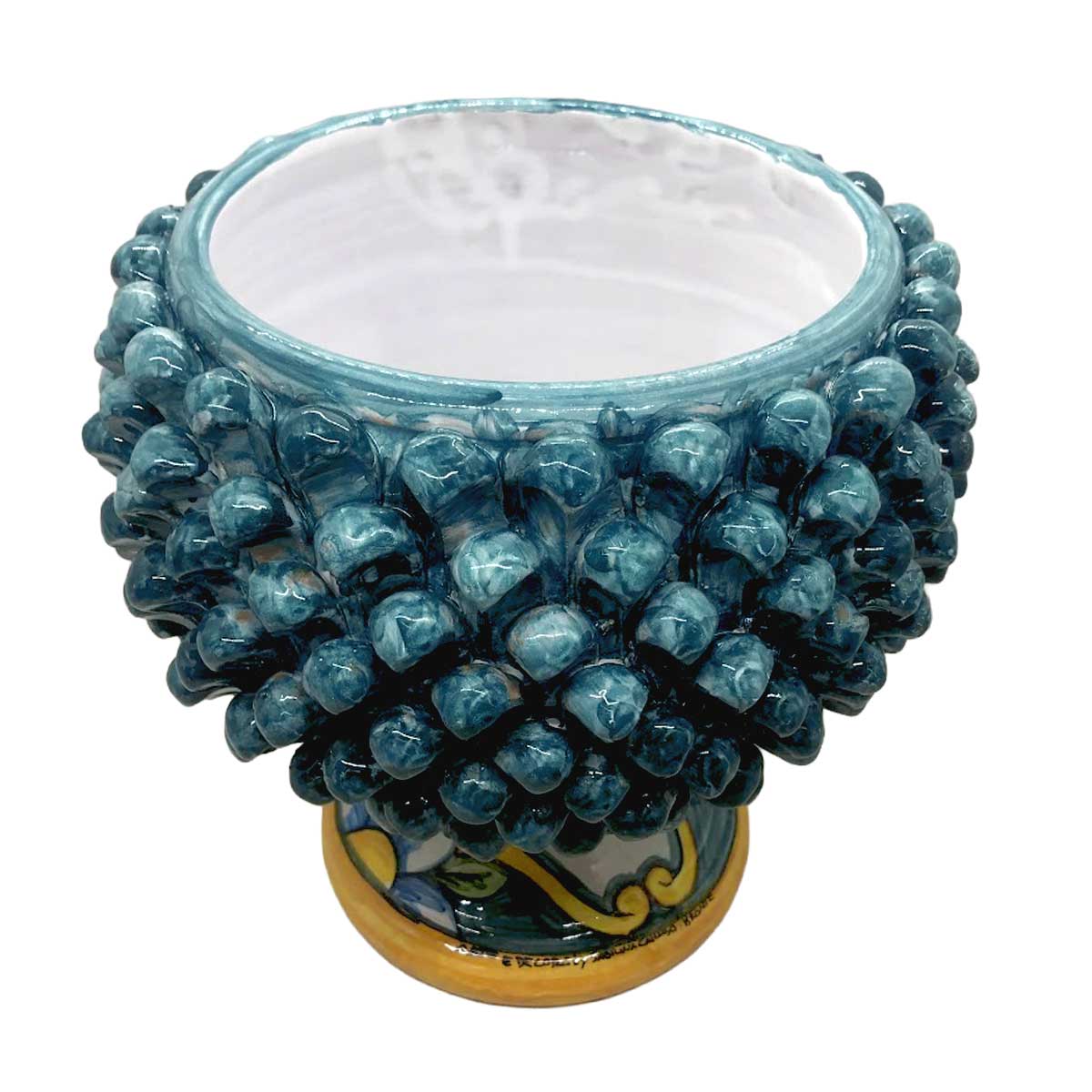 interno e apertura del portapianta a pigna in ceramica blu decorato a mano - Arte & Decoro Bronte