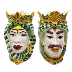 teste di moro in ceramica stile afro verde decorate a mano - Arte & Decoro Bronte